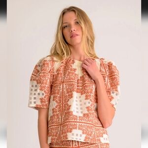 Lavender Brown Cream and Terracotta Floral Block Print Puff Sleeve Top